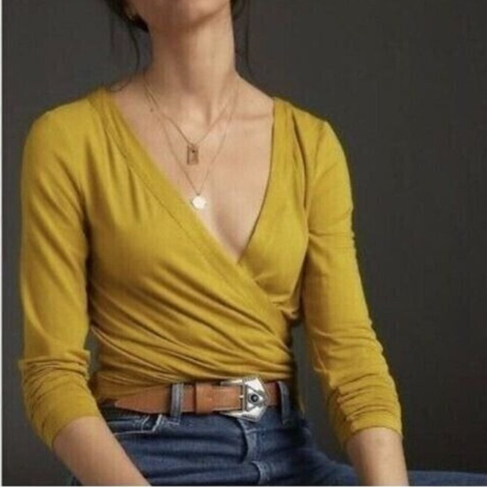 Saturday Sunday Athropologie ALLY Chartreuse Ruched Wrap Top Small Stretch Layer